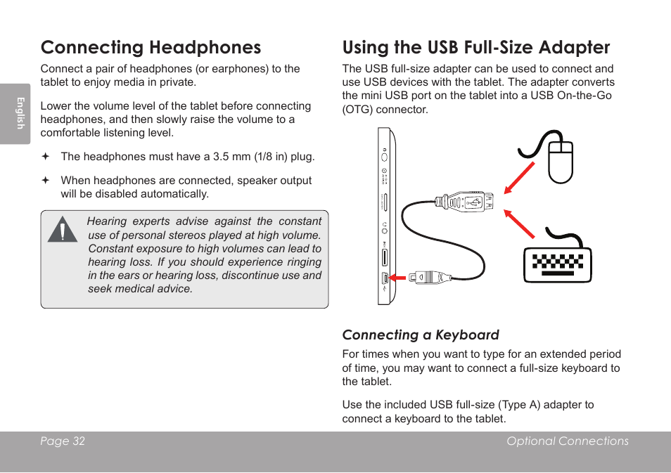 Connecting headphones, Using the usb full-size adapter | COBY electronic KYROS MID7042 User Manual | Page 32 / 124