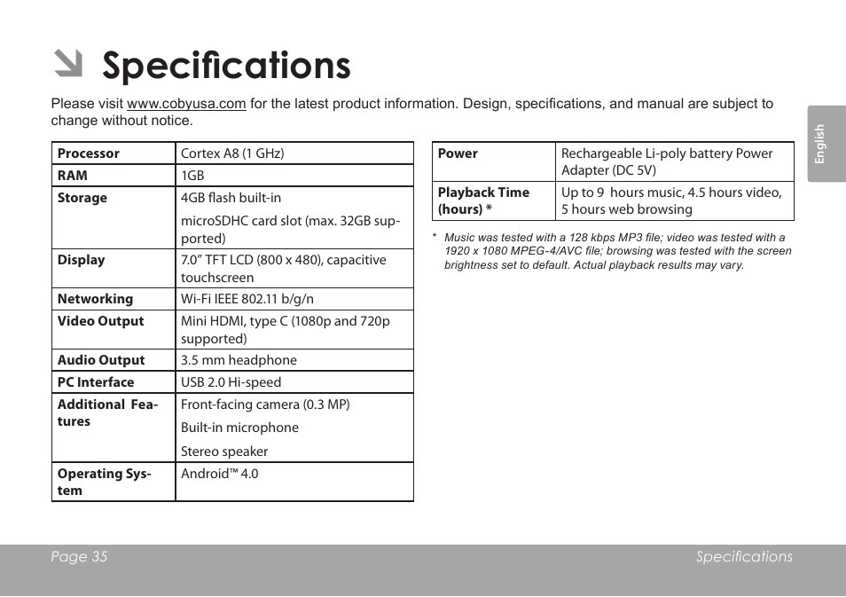 Specifications | COBY electronic KYROS MID7042 User Manual | Page 35 / 124