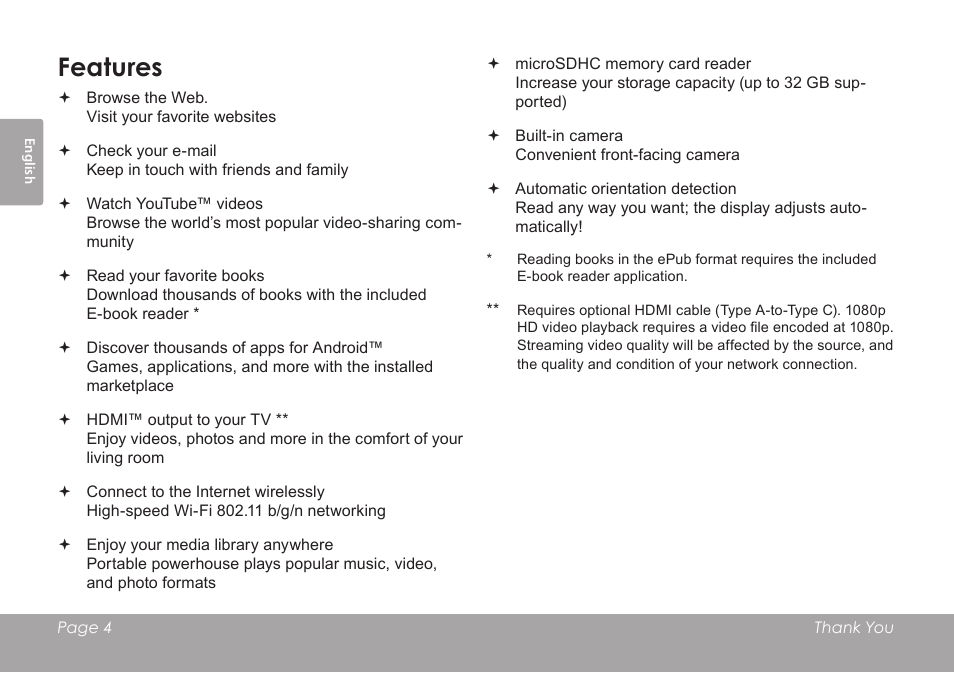 Features | COBY electronic KYROS MID7042 User Manual | Page 4 / 124