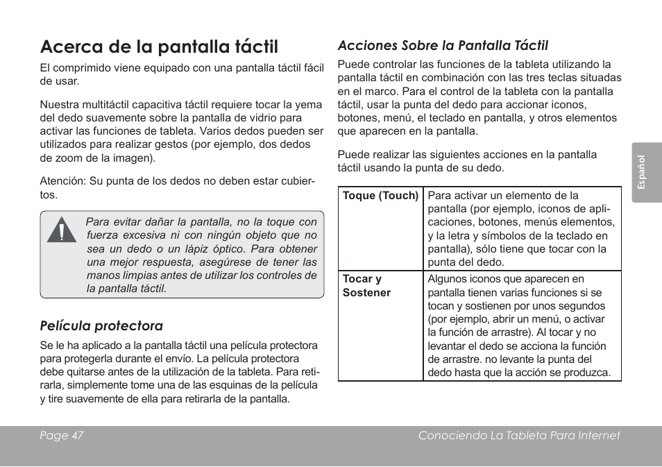 Acerca de la pantalla táctil | COBY electronic KYROS MID7042 User Manual | Page 47 / 124