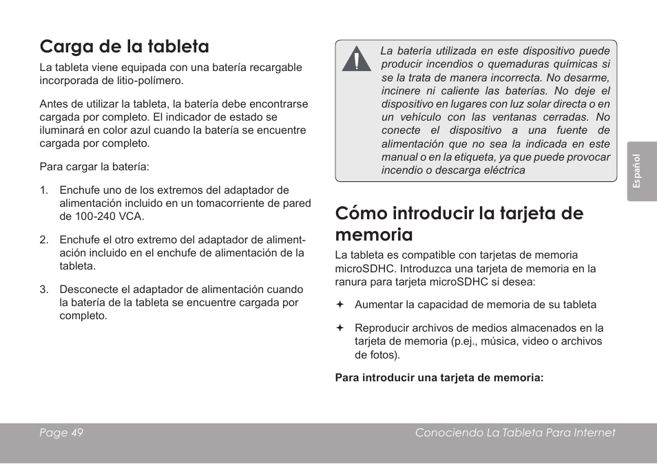 Carga de la tableta | COBY electronic KYROS MID7042 User Manual | Page 49 / 124