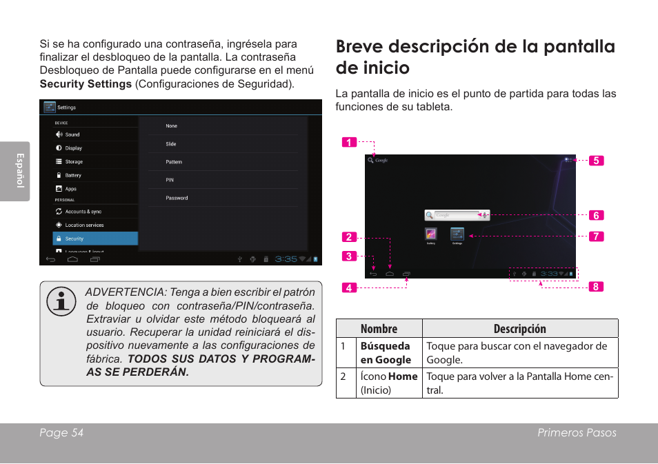 Breve descripción de la pantalla de inicio | COBY electronic KYROS MID7042 User Manual | Page 54 / 124