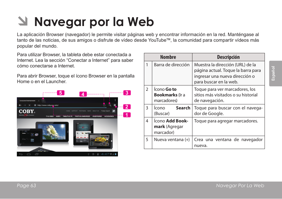 Navegar por la web | COBY electronic KYROS MID7042 User Manual | Page 63 / 124