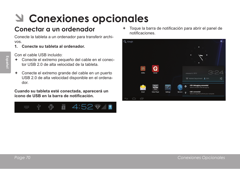 Conexiones opcionales, Conectar a un ordenador | COBY electronic KYROS MID7042 User Manual | Page 70 / 124