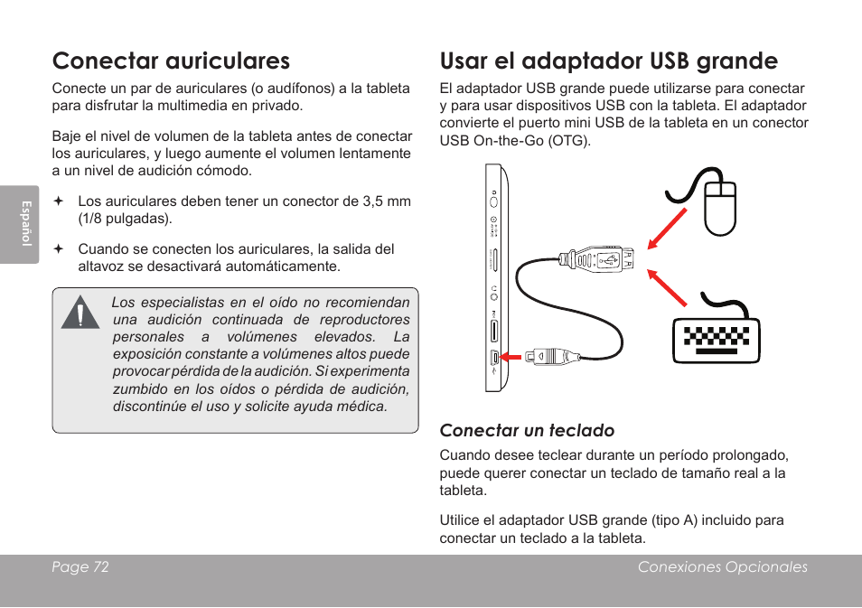 Conectar auriculares, Usar el adaptador usb grande | COBY electronic KYROS MID7042 User Manual | Page 72 / 124