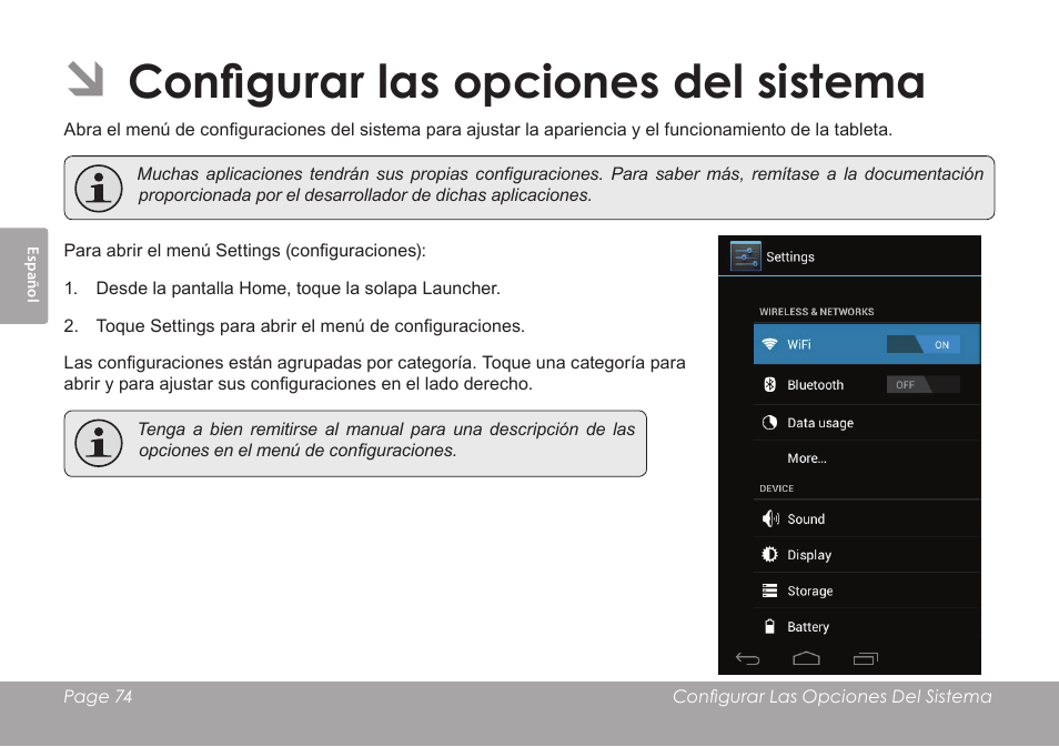 Configurar las opciones del sistema | COBY electronic KYROS MID7042 User Manual | Page 74 / 124