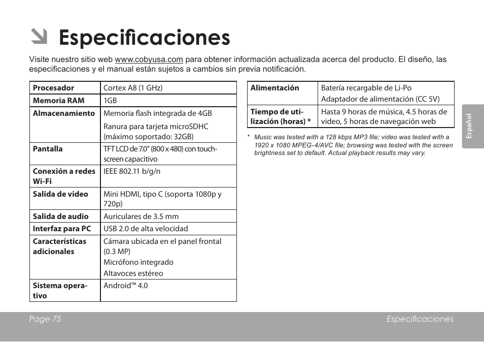 Especificaciones | COBY electronic KYROS MID7042 User Manual | Page 75 / 124