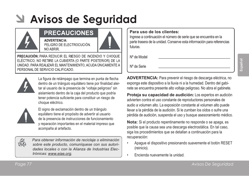Avisos de seguridad | COBY electronic KYROS MID7042 User Manual | Page 77 / 124