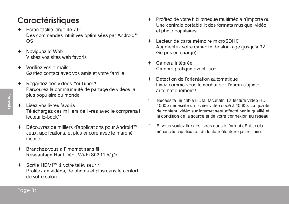Caractéristiques | COBY electronic KYROS MID7042 User Manual | Page 84 / 124