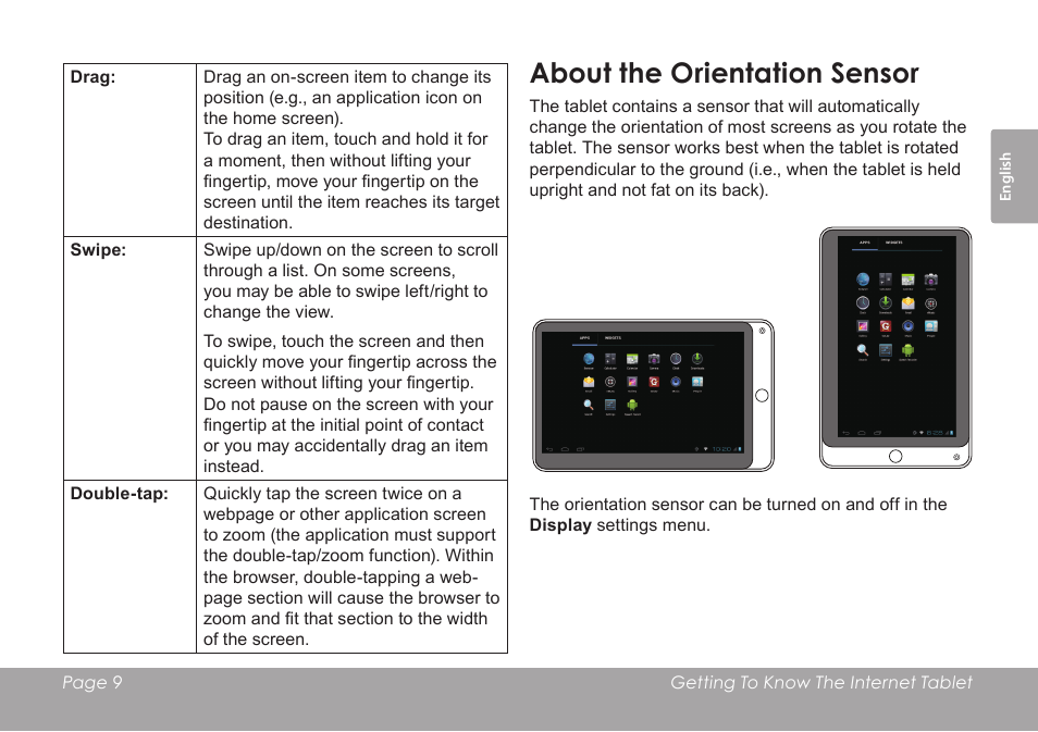 About the orientation sensor | COBY electronic KYROS MID7042 User Manual | Page 9 / 124