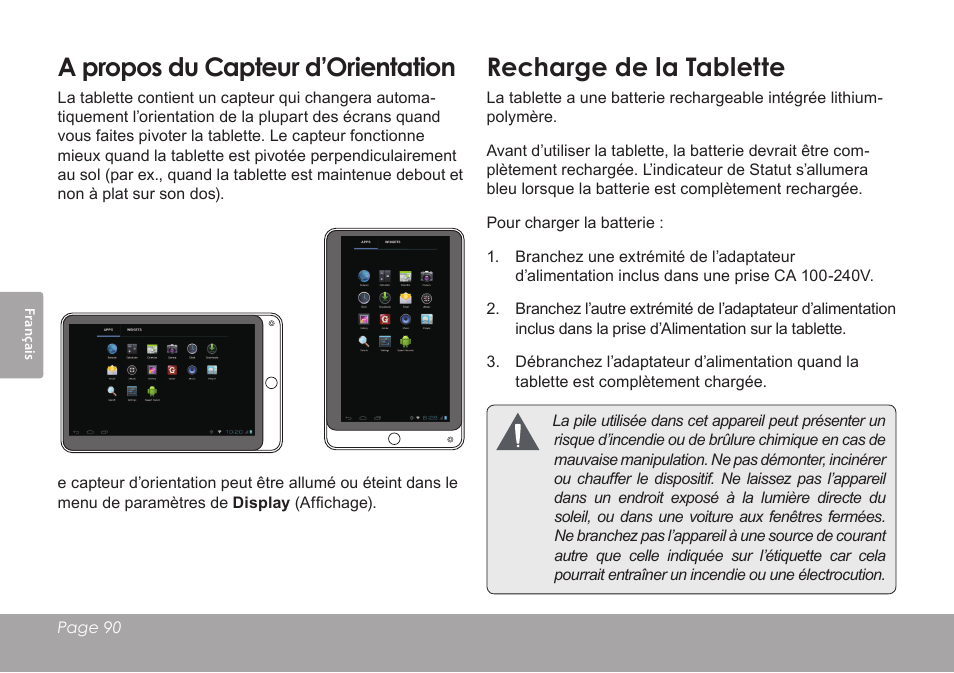 A propos du capteur d’orientation, Recharge de la tablette | COBY electronic KYROS MID7042 User Manual | Page 90 / 124