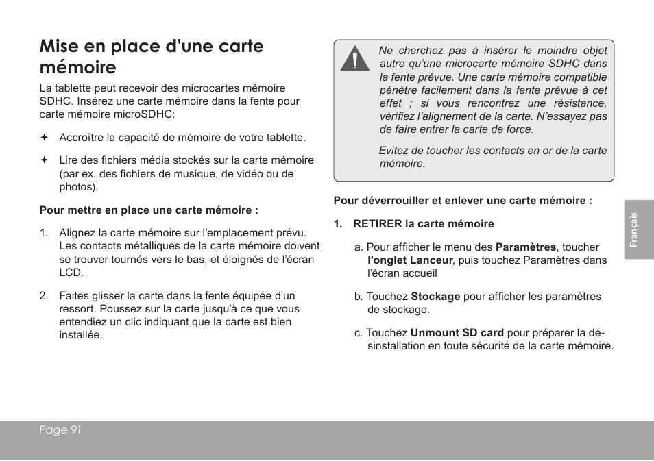 Mise en place d’une carte mémoire | COBY electronic KYROS MID7042 User Manual | Page 91 / 124