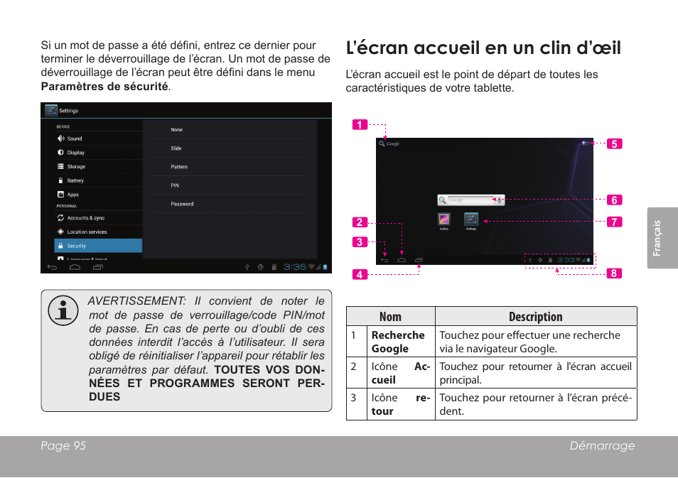 L’écran accueil en un clin d’œil | COBY electronic KYROS MID7042 User Manual | Page 95 / 124