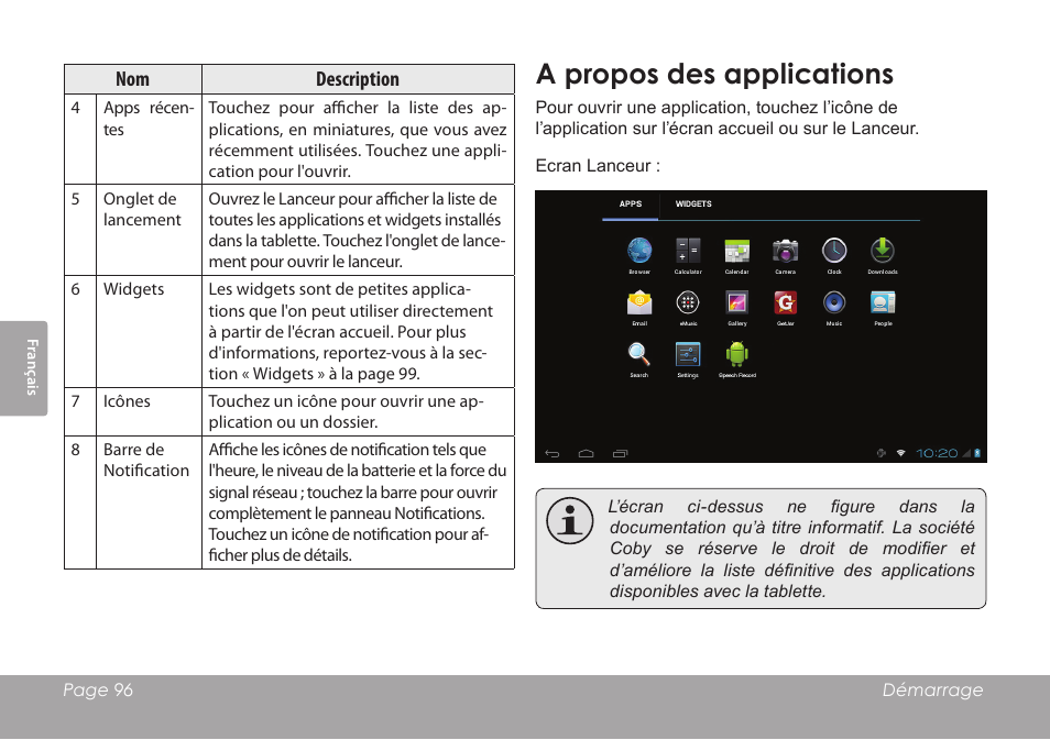 A propos des applications | COBY electronic KYROS MID7042 User Manual | Page 96 / 124