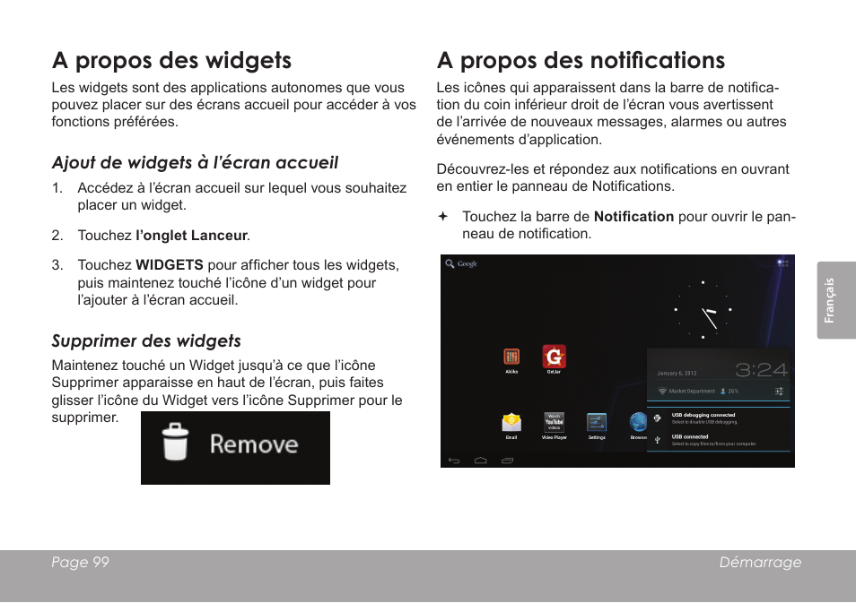 A propos des widgets, A propos des notifications | COBY electronic KYROS MID7042 User Manual | Page 99 / 124