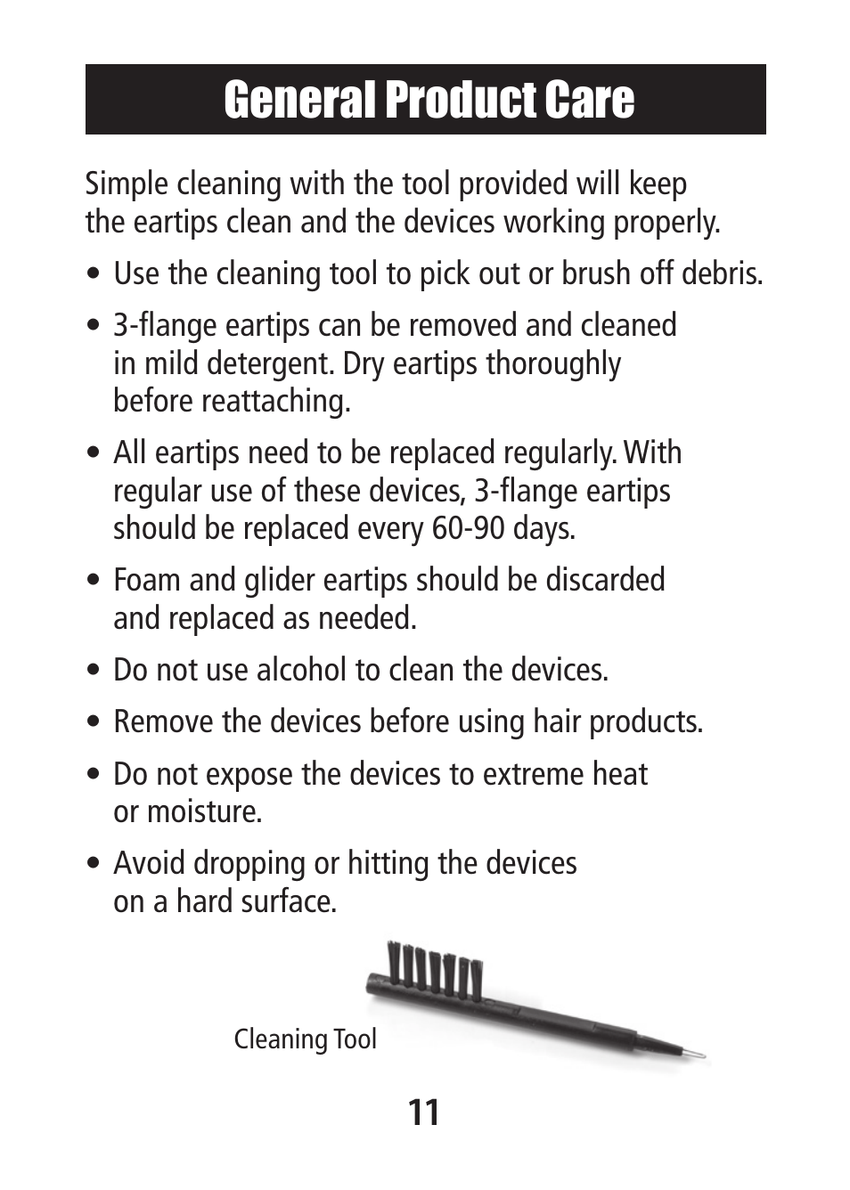 General product care | Etymotic MP•9-15 Music•PRO® Electronic User Manual | Page 11 / 12