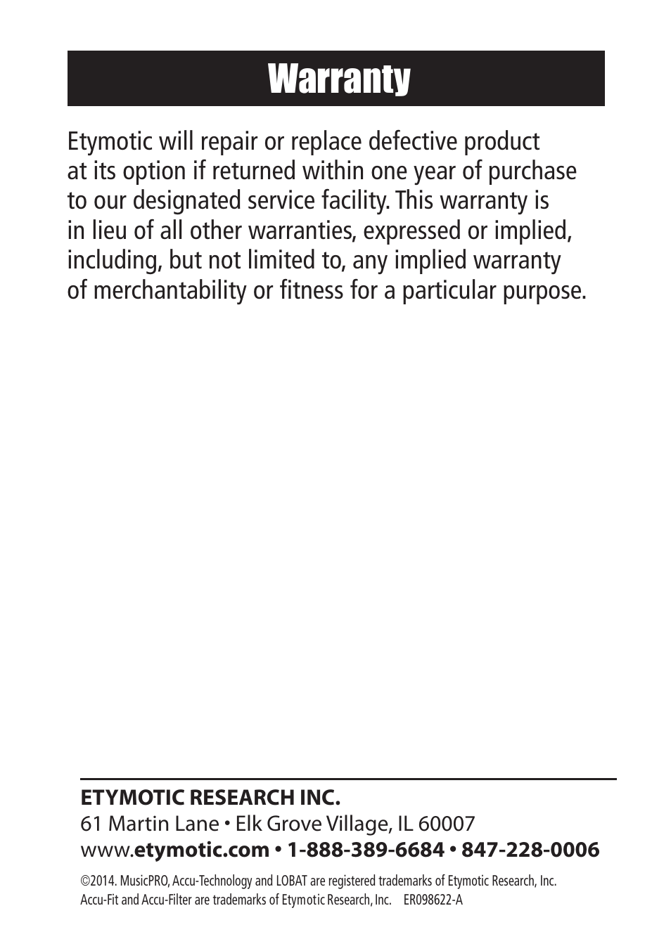 Warranty | Etymotic MP•9-15 Music•PRO® Electronic User Manual | Page 12 / 12