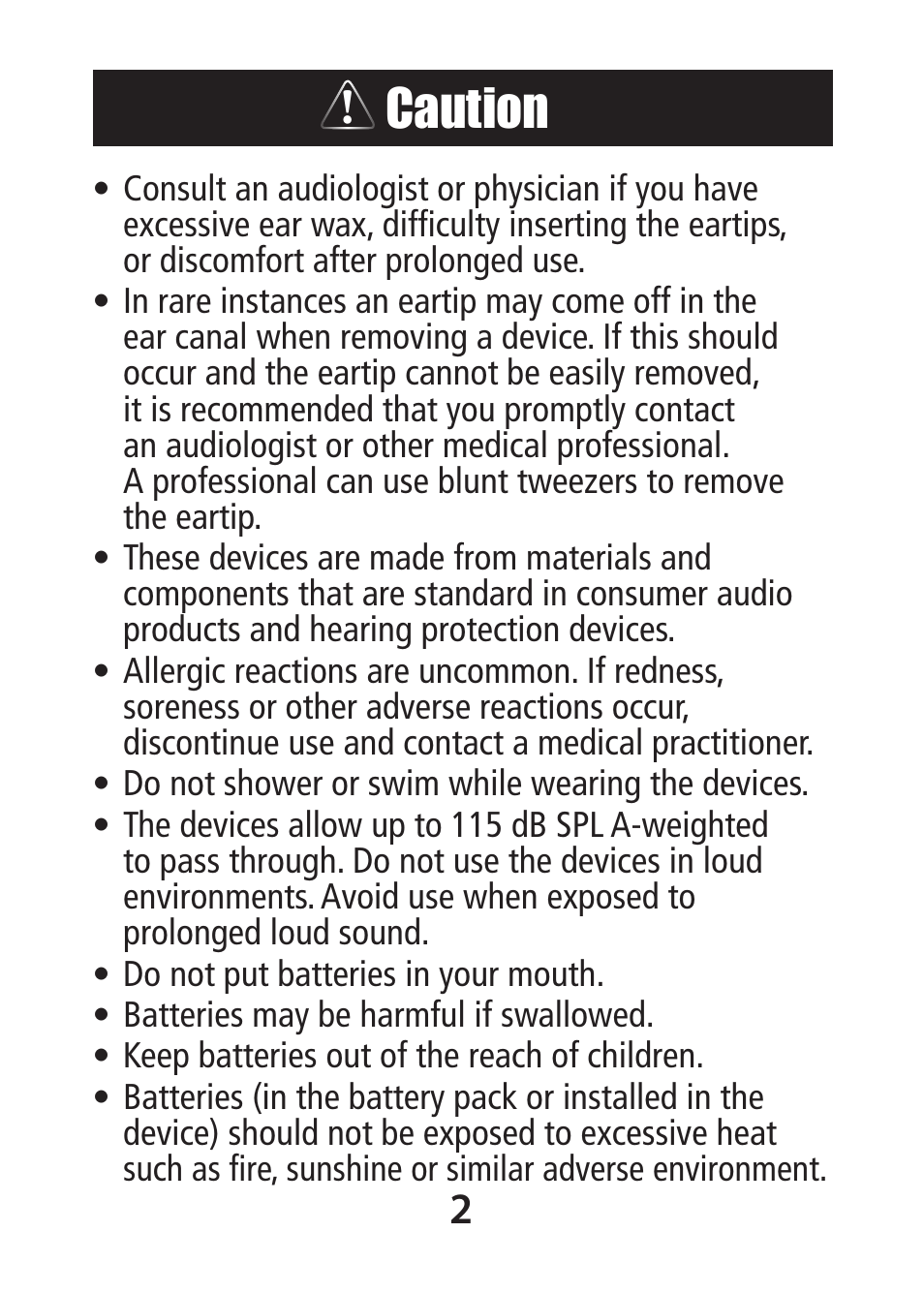 Caution | Etymotic MP•9-15 Music•PRO® Electronic User Manual | Page 2 / 12