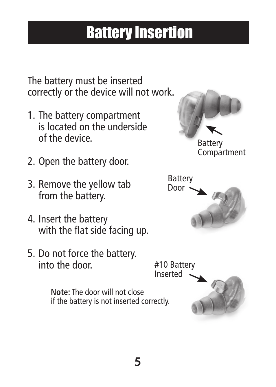 Battery insertion | Etymotic MP•9-15 Music•PRO® Electronic User Manual | Page 5 / 12