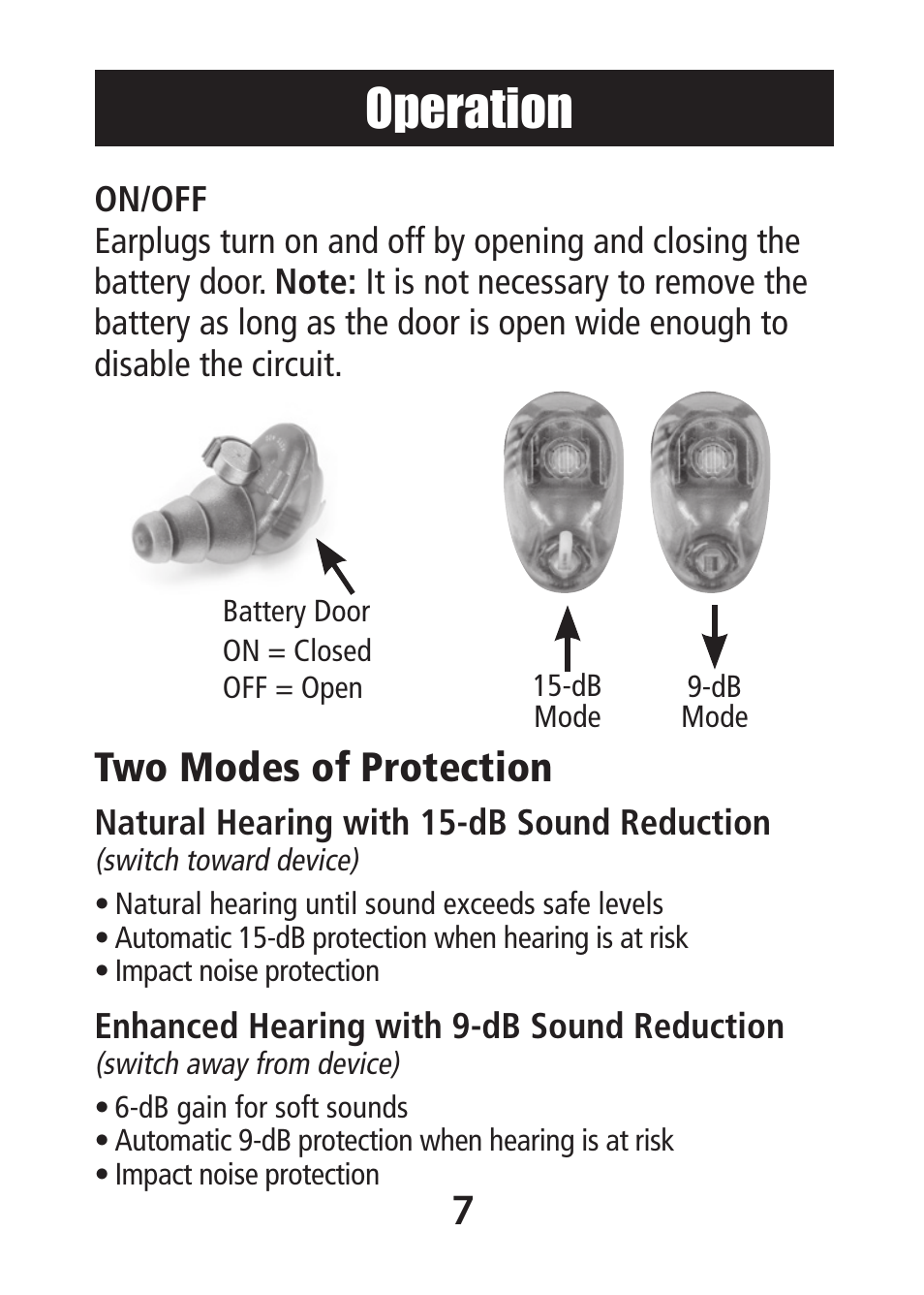 Operation, Two modes of protection | Etymotic MP•9-15 Music•PRO® Electronic User Manual | Page 7 / 12