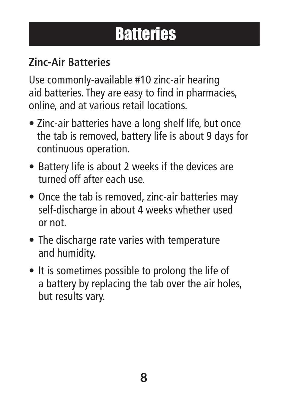 Batteries | Etymotic MP•9-15 Music•PRO® Electronic User Manual | Page 8 / 12
