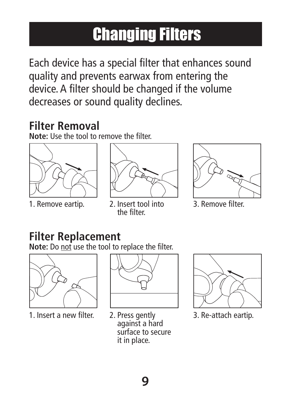 Changing filters | Etymotic MP•9-15 Music•PRO® Electronic User Manual | Page 9 / 12
