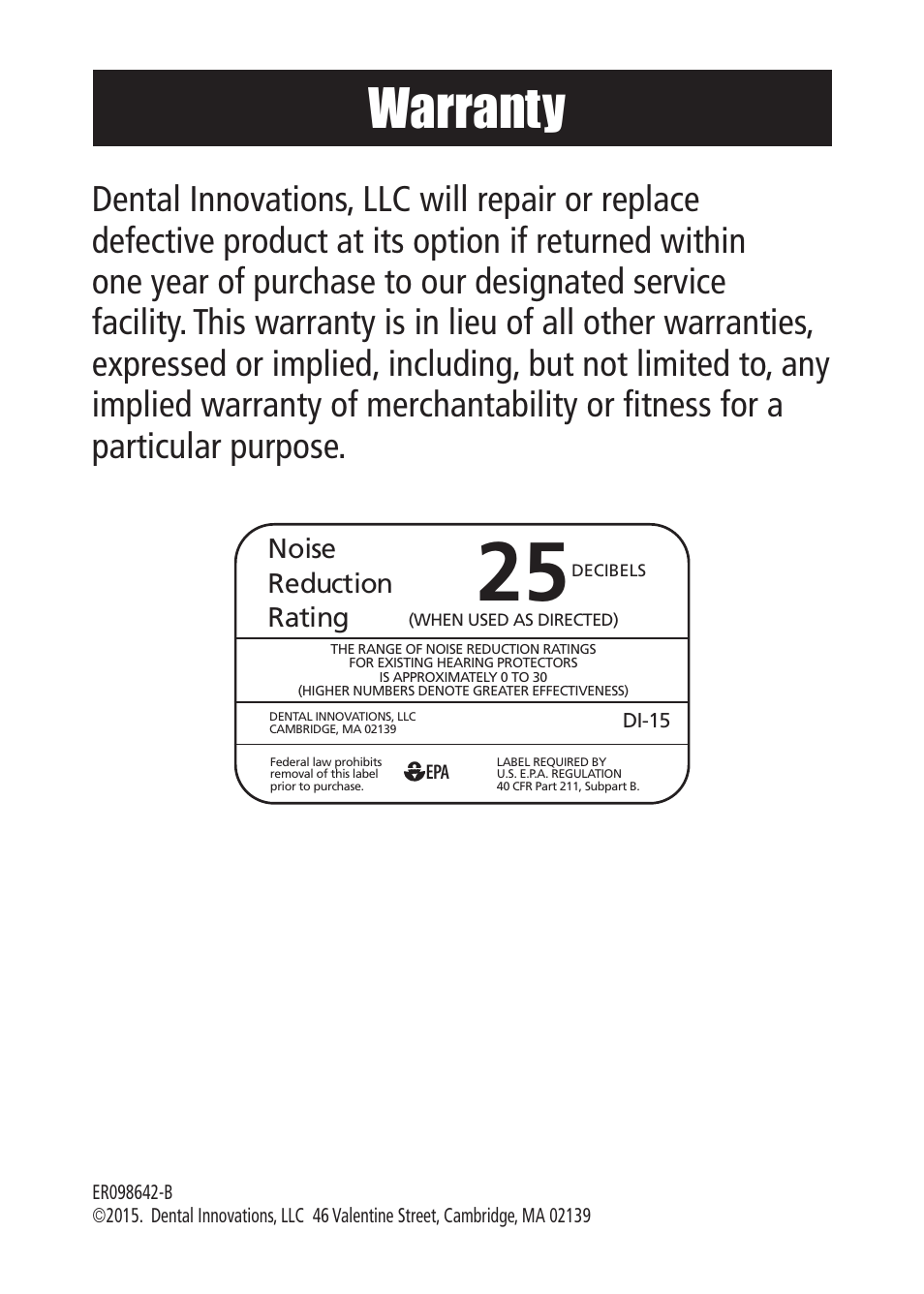 Warranty | Etymotic DI-15® High-Definition Electronic Earplugs for Dentists User Manual | Page 12 / 12