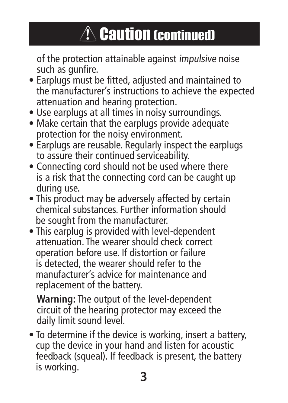 Caution, Continued) | Etymotic DI-15® High-Definition Electronic Earplugs for Dentists User Manual | Page 3 / 12