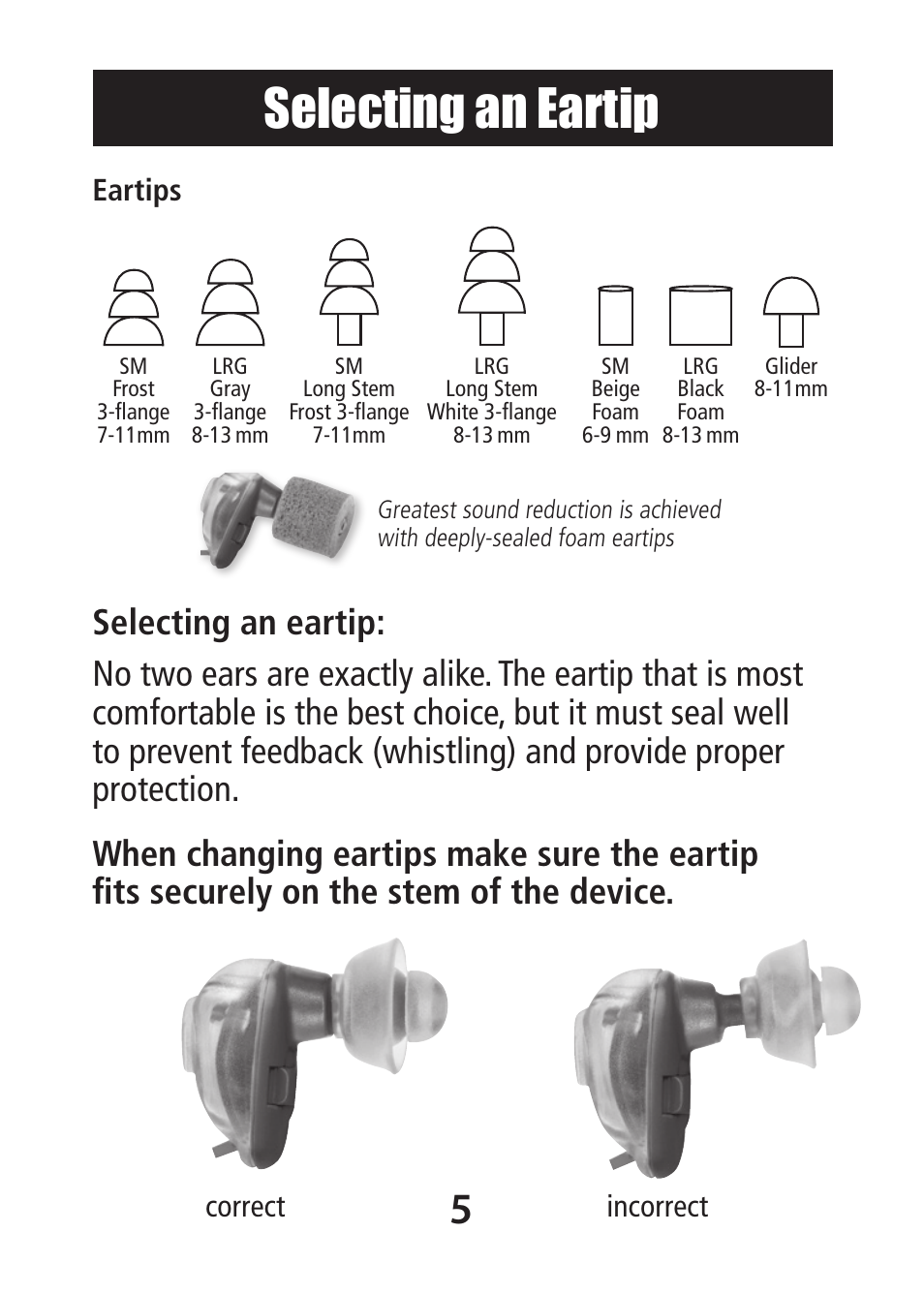 Selecting an eartip | Etymotic DI-15® High-Definition Electronic Earplugs for Dentists User Manual | Page 5 / 12