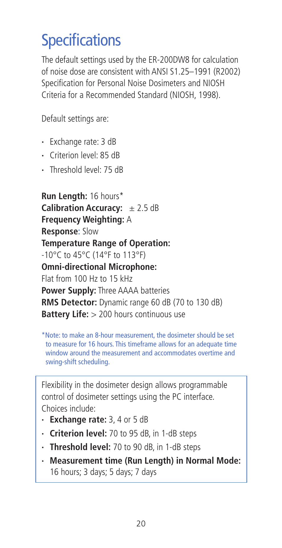 Specifications | Etymotic ER•200DW8 Personal Noise Dosimeter with Data Logging User Manual | Page 20 / 47