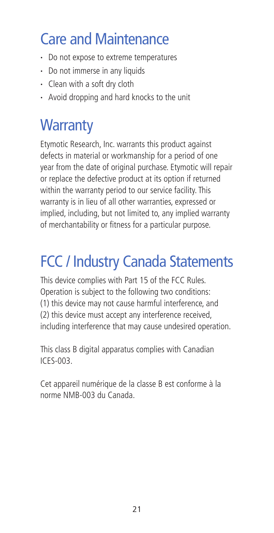 Care and maintenance, Warranty, Fcc / industry canada statements | Etymotic ER•200DW8 Personal Noise Dosimeter with Data Logging User Manual | Page 21 / 47