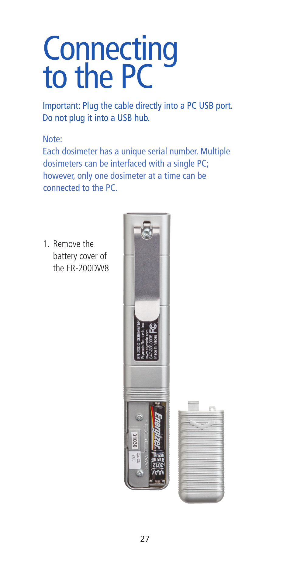 Connecting to the pc | Etymotic ER•200DW8 Personal Noise Dosimeter with Data Logging User Manual | Page 27 / 47