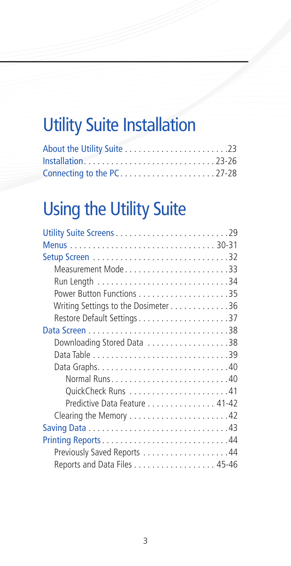 Utility suite installation, Using the utility suite | Etymotic ER•200DW8 Personal Noise Dosimeter with Data Logging User Manual | Page 3 / 47