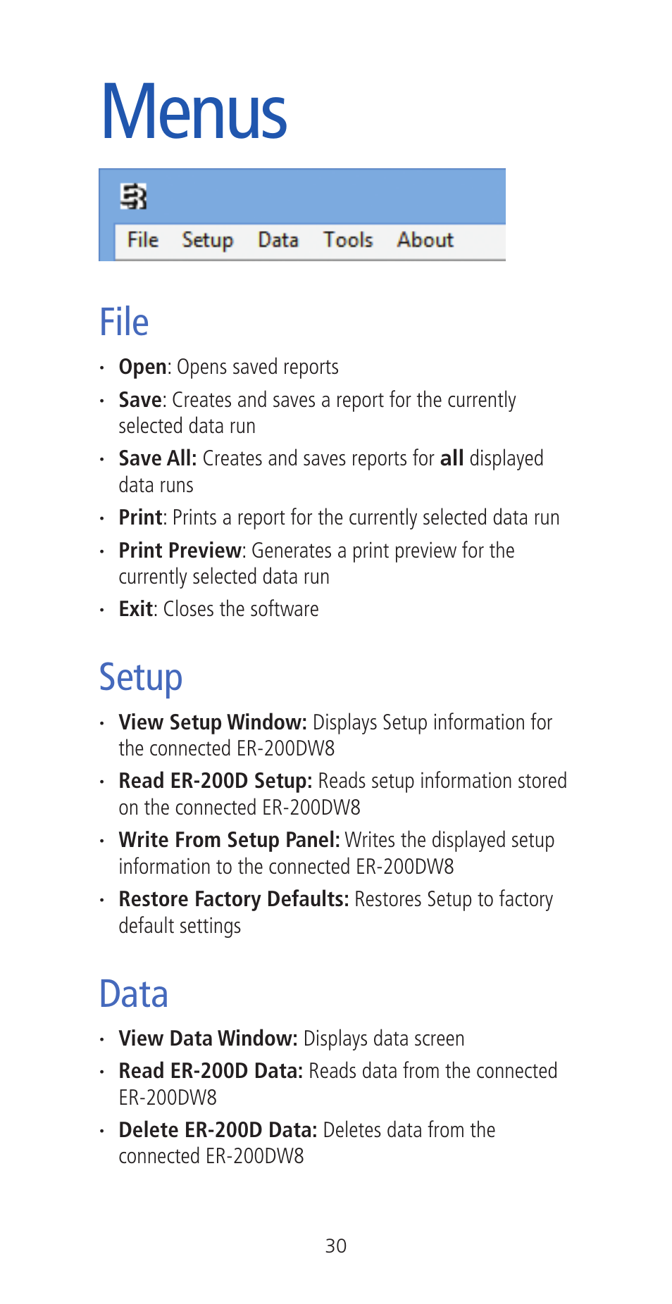 Menus, File, Setup | Data | Etymotic ER•200DW8 Personal Noise Dosimeter with Data Logging User Manual | Page 30 / 47