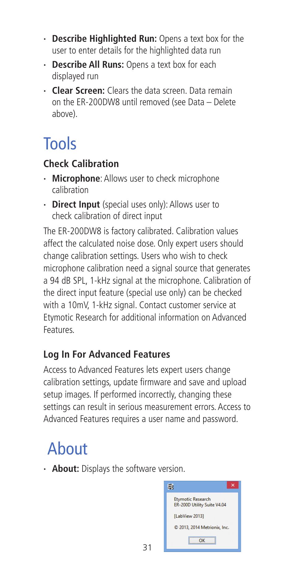 Tools, About | Etymotic ER•200DW8 Personal Noise Dosimeter with Data Logging User Manual | Page 31 / 47