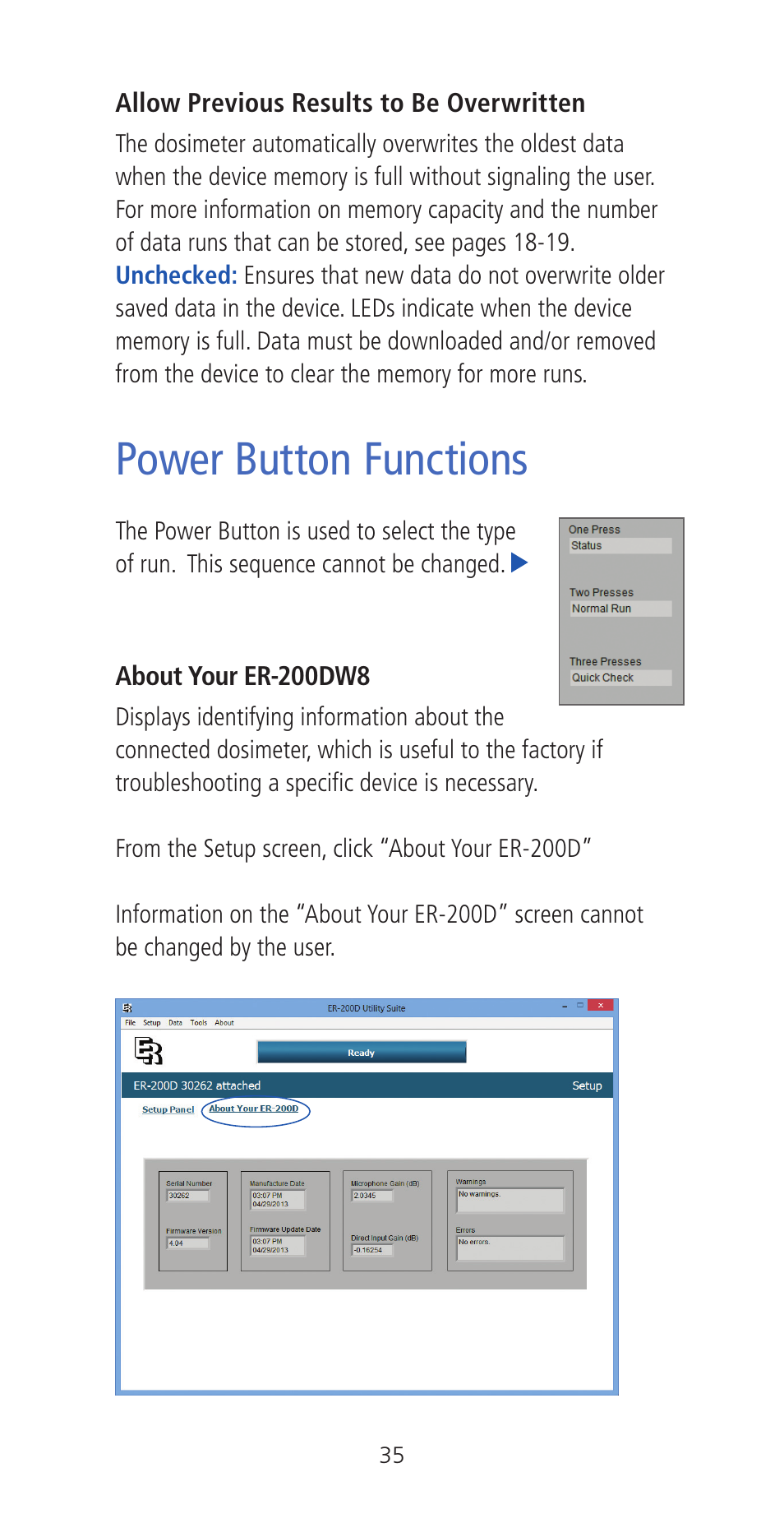 Power button functions | Etymotic ER•200DW8 Personal Noise Dosimeter with Data Logging User Manual | Page 35 / 47
