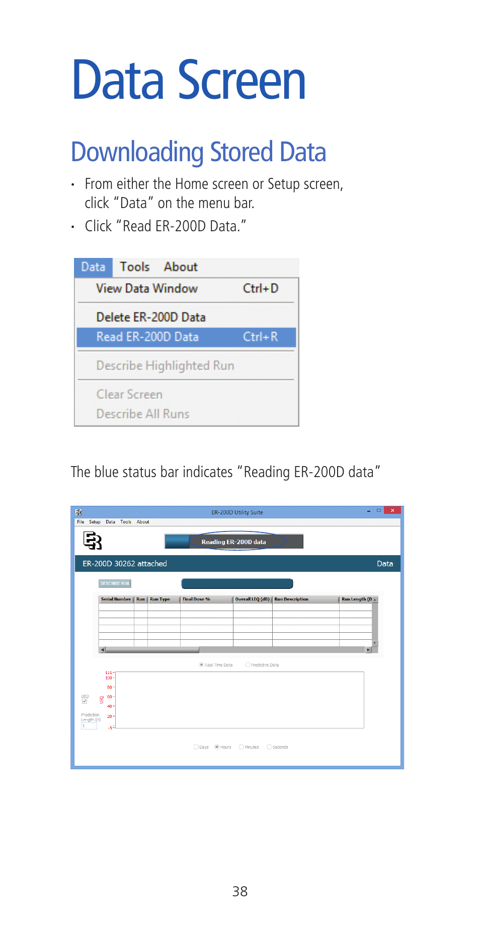 Data screen, Downloading stored data | Etymotic ER•200DW8 Personal Noise Dosimeter with Data Logging User Manual | Page 38 / 47