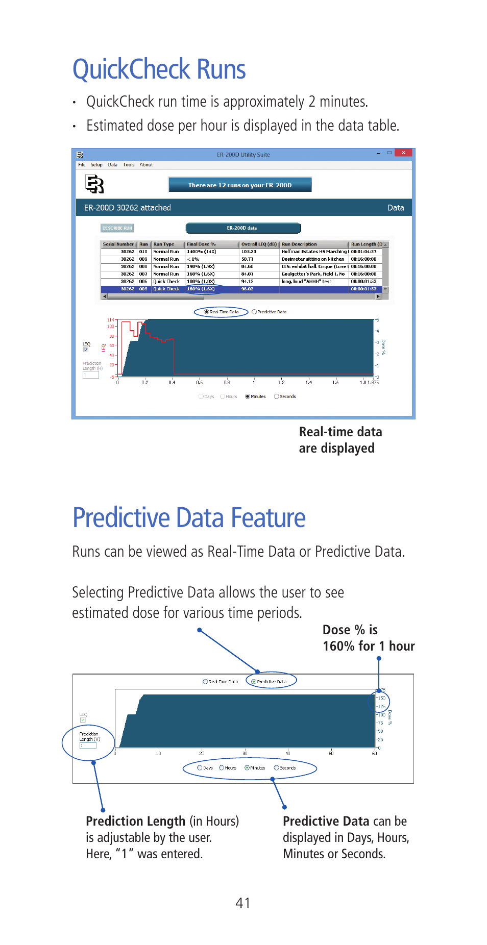 Quickcheck runs, Predictive data feature | Etymotic ER•200DW8 Personal Noise Dosimeter with Data Logging User Manual | Page 41 / 47