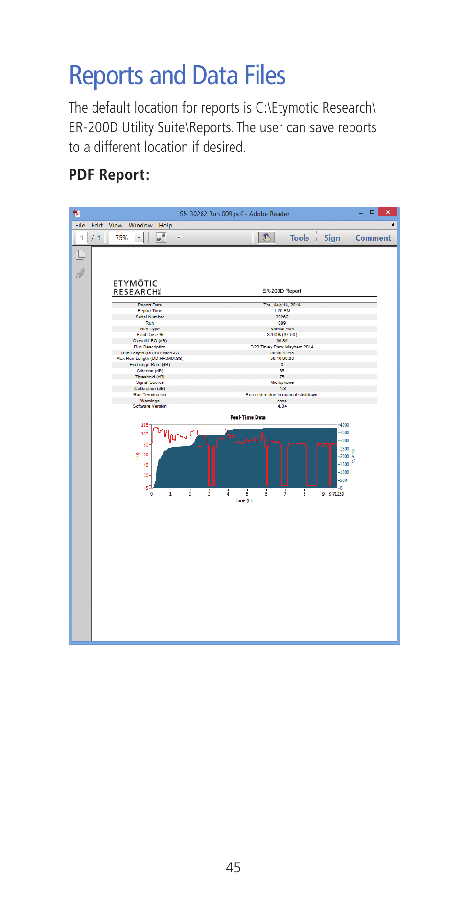 Reports and data files | Etymotic ER•200DW8 Personal Noise Dosimeter with Data Logging User Manual | Page 45 / 47