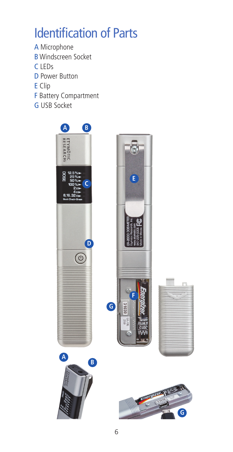 Identification of parts | Etymotic ER•200DW8 Personal Noise Dosimeter with Data Logging User Manual | Page 6 / 47