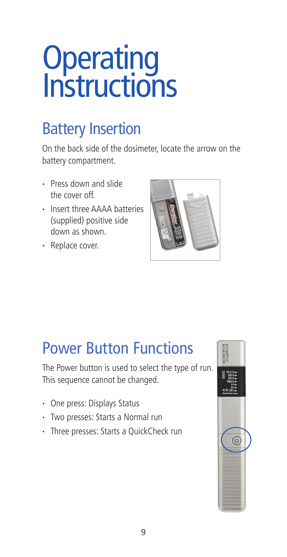 Operating instructions, Battery insertion, Power button functions | Etymotic ER•200DW8 Personal Noise Dosimeter with Data Logging User Manual | Page 9 / 47