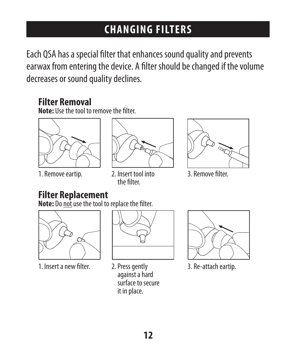 Changing filters, Filter replacement | Etymotic The BEAN® Quiet Sound Amplifier® User Manual | Page 13 / 86