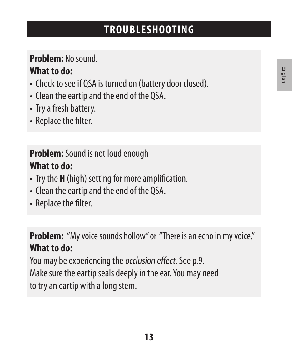 Troubleshooting | Etymotic The BEAN® Quiet Sound Amplifier® User Manual | Page 14 / 86