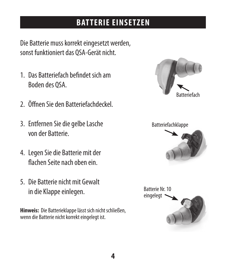 Batterie einsetzen | Etymotic The BEAN® Quiet Sound Amplifier® User Manual | Page 33 / 86