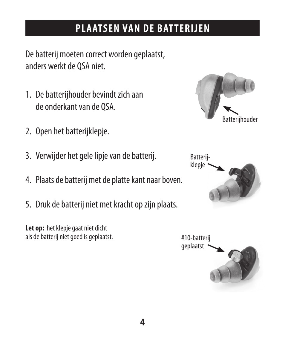 Plaatsen van de batterijen | Etymotic The BEAN® Quiet Sound Amplifier® User Manual | Page 47 / 86