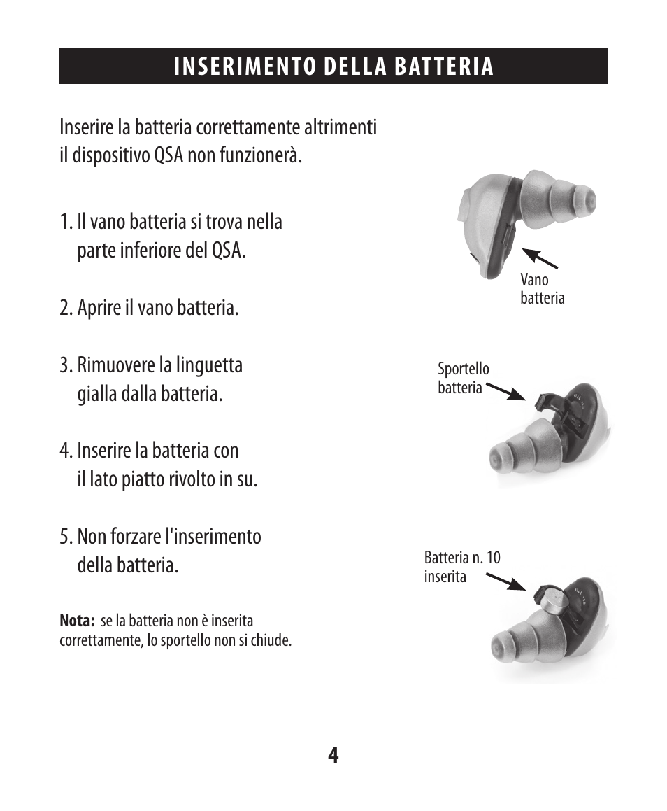 Inserimento della batteria | Etymotic The BEAN® Quiet Sound Amplifier® User Manual | Page 61 / 86