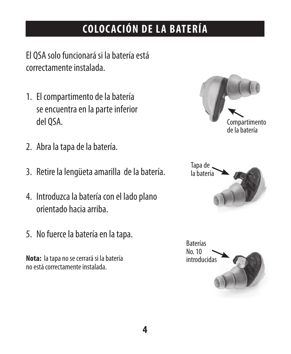Colocación de la batería | Etymotic The BEAN® Quiet Sound Amplifier® User Manual | Page 75 / 86