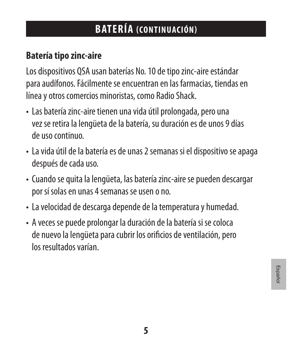 Batería | Etymotic The BEAN® Quiet Sound Amplifier® User Manual | Page 76 / 86