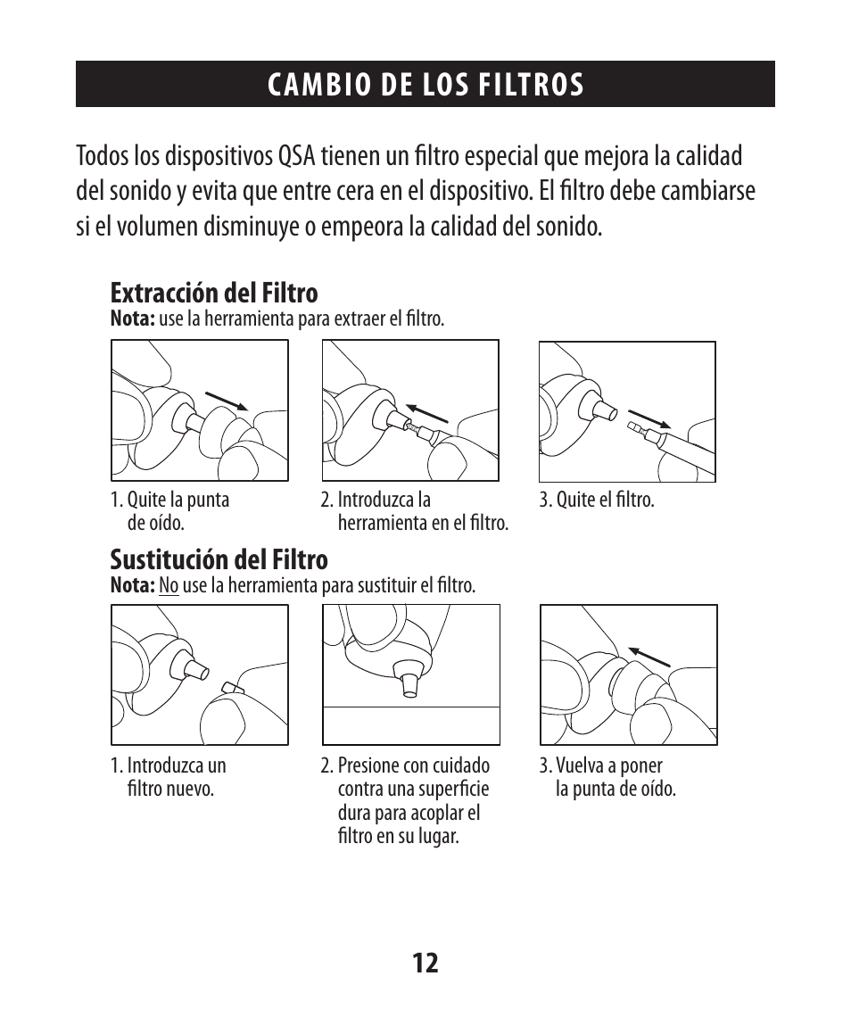 Cambio de los filtros, Sustitución del filtro | Etymotic The BEAN® Quiet Sound Amplifier® User Manual | Page 83 / 86