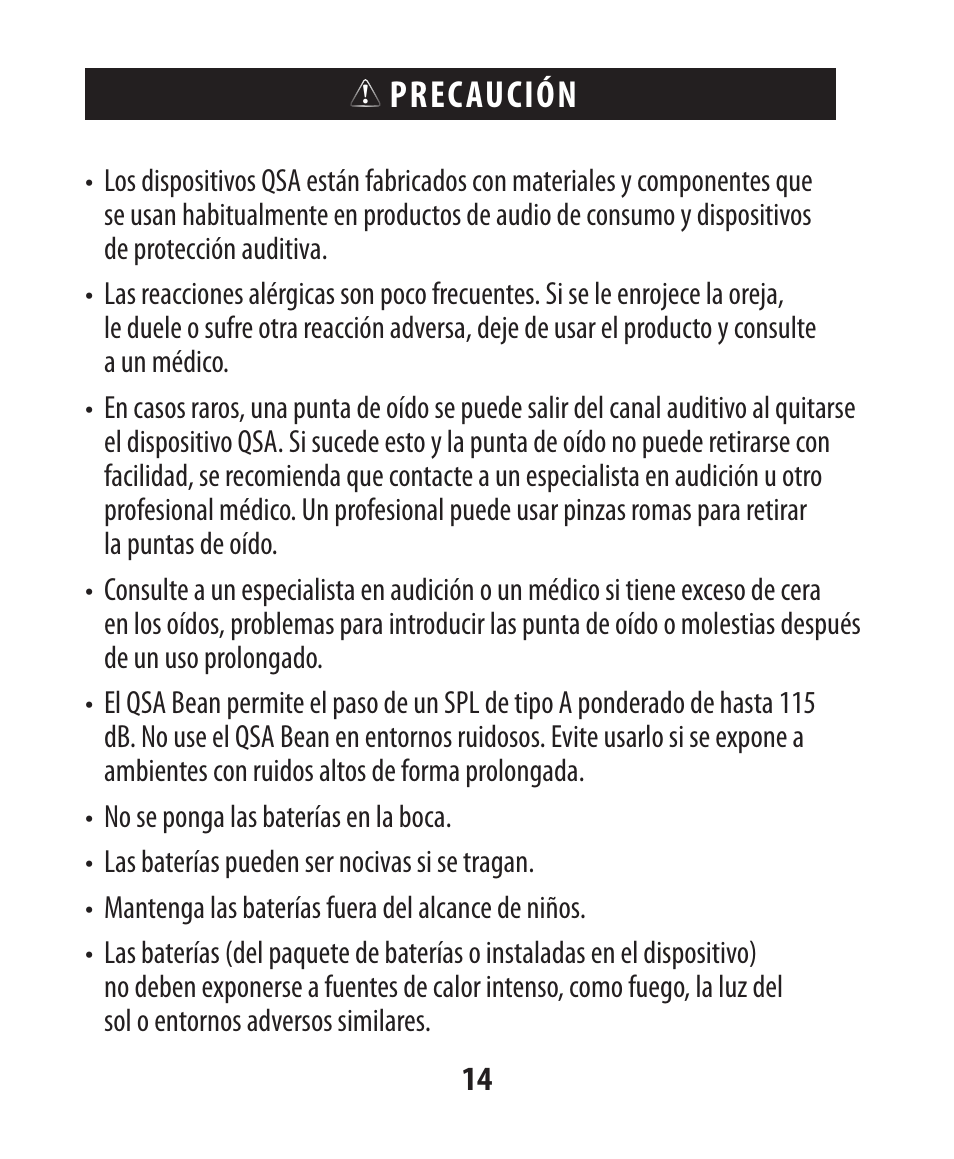 Precaución | Etymotic The BEAN® Quiet Sound Amplifier® User Manual | Page 85 / 86